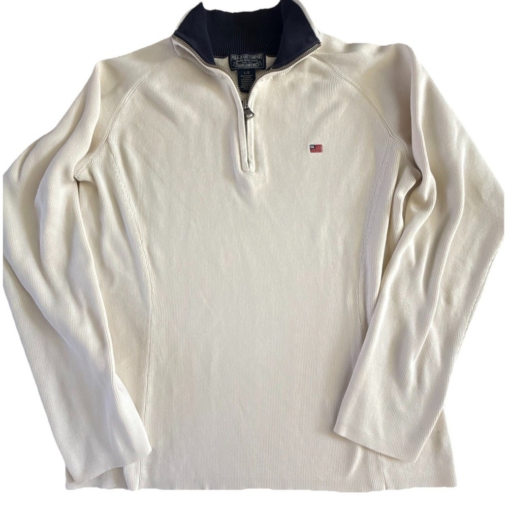 Ralph Lauren Womens Quarter Zip Sweater‎ Cream Ribbed Cotton Size L Preppy Polo